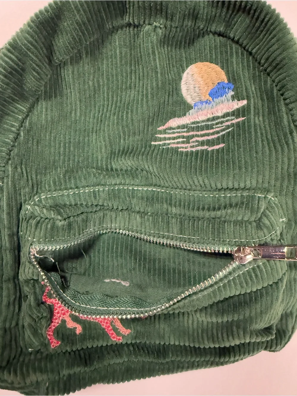 Urban Outfitters Corduroy Mini Backpack Embroidered Cat Celestial Green